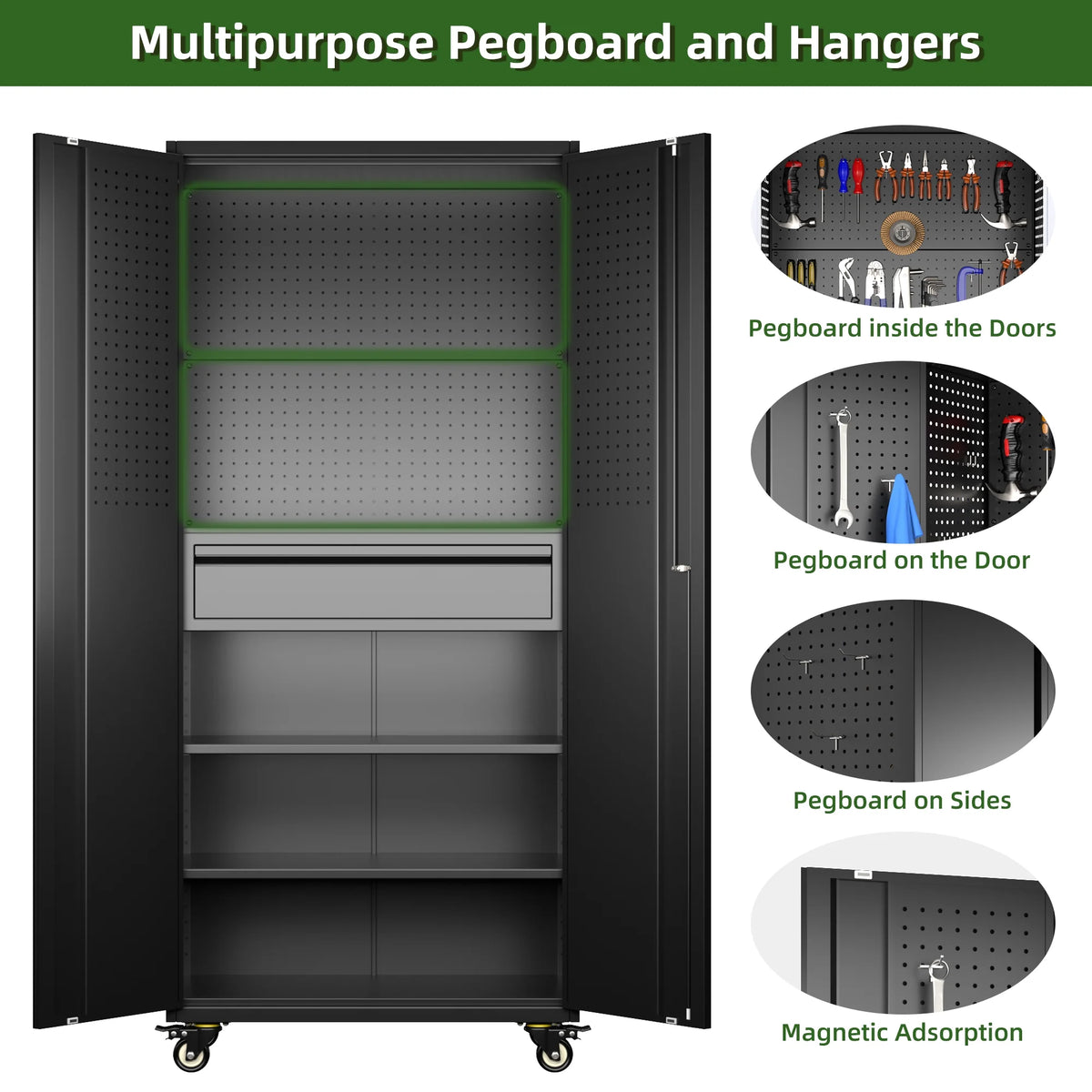 SUPEER 71" Metal Storage Cabinets with Wheels and Pegboards, Industrial Cabinet with 2 Drawers and 2 Adjustable Shelves,, Assembly Required