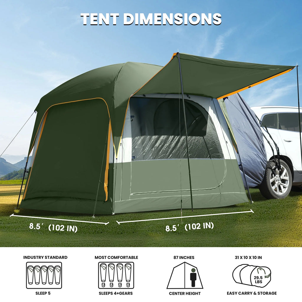 MOPHOTO SUV Tents for Camping 4 People, PU 3000mm Waterproof SUV Tent Attachment Tailgate Tent for Car Jeep Van, Spacious Space 8.2'L x 8.2'W x 7.2'H with 2 Awnings & Double Door