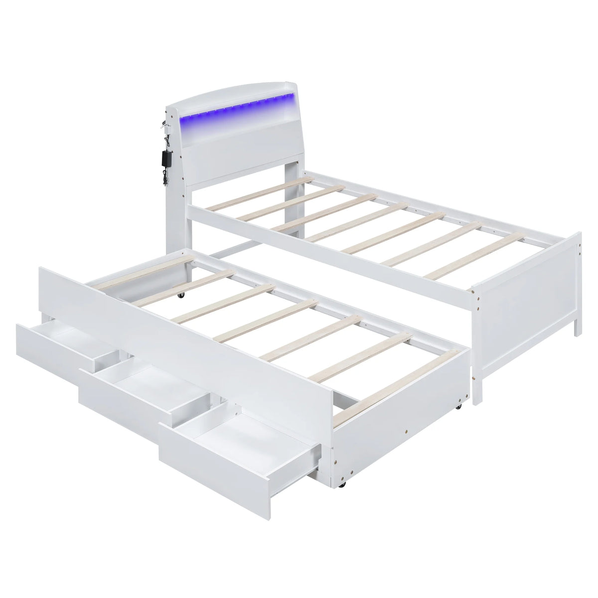 Euroco Wood Twin Size Platform Bed with Storage Headboard, Drawers Trundle and LED Light, White