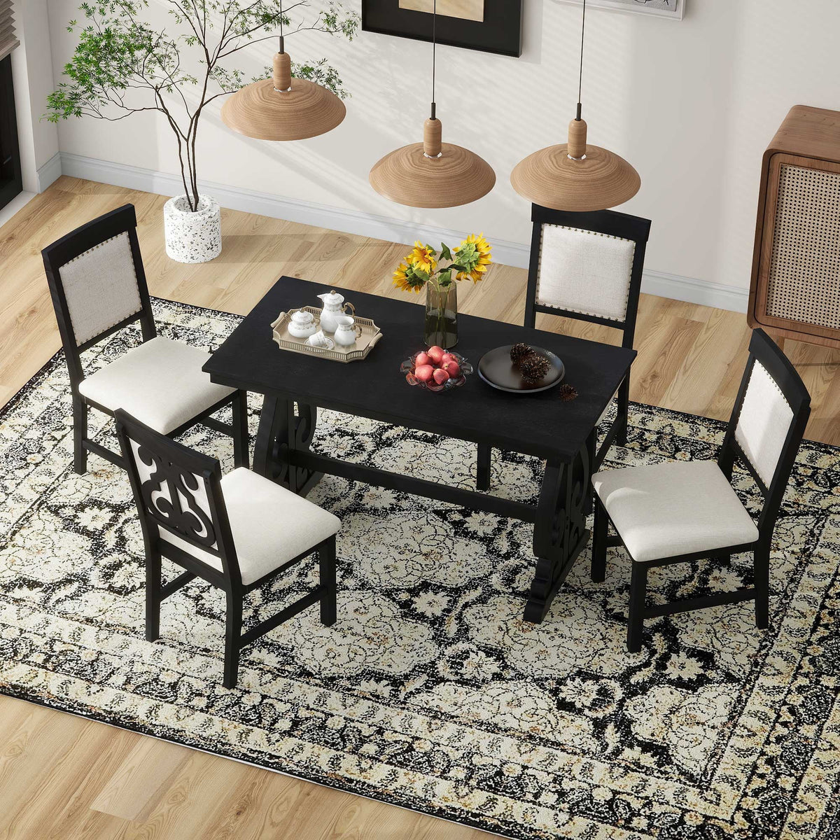 5 Piece Dining Table Set, Atumon Dining Table Set for 4, Wood Dining Room Set with 1 Table and 4 Upholstered Chairs, Farmhouse Dining Table Set for Kitchen Dining Room Apartment, Natural