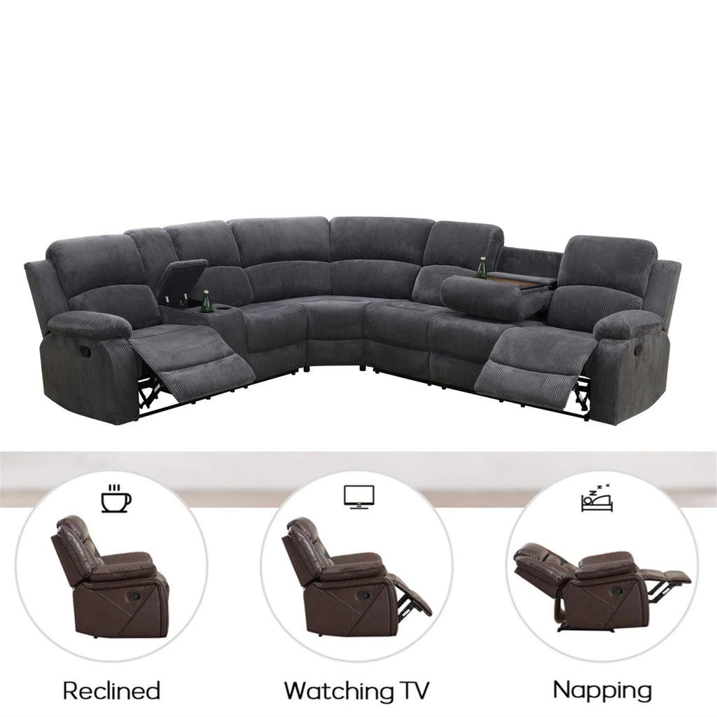 Aukfa 3-Piece Recliner Sofa Set, 6 Seat Sectional Couch with Cup Holders&Storage Console, Gray