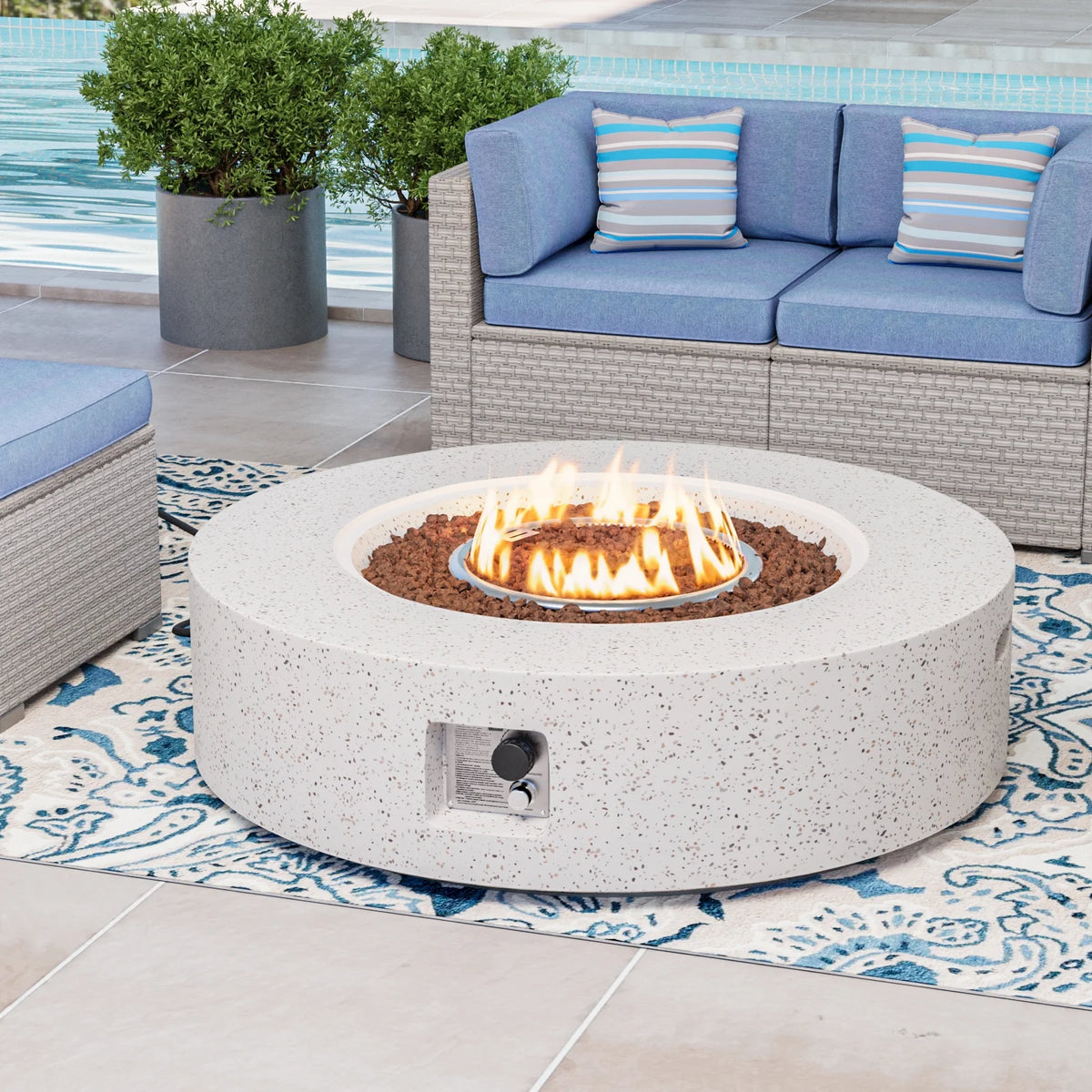 COSIEST Outdoor Round Terrazzo Concrete White firepit Table