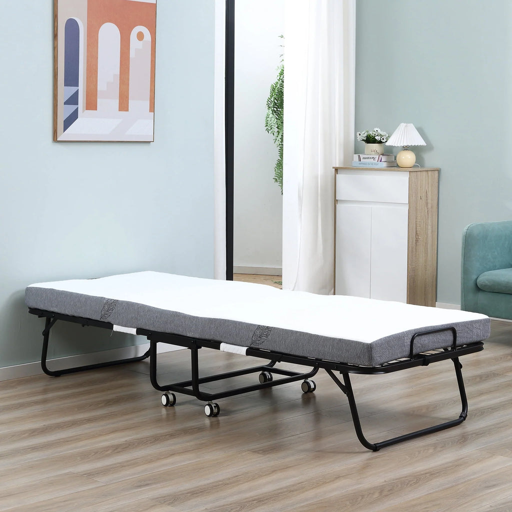 HOMCOM Folding Bed with 4" Mattress, Portable Foldable Guest Bed with Wheels