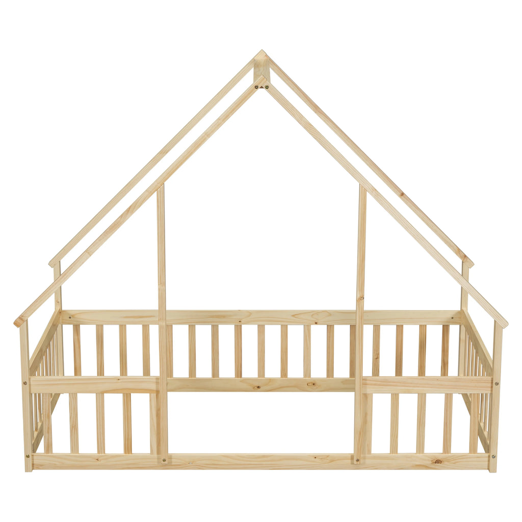 Bellemave Twin Size Floor Bed Frame, Wooden House Bed Twin Size with Fence, Montessori Bed with Guardrails for Bedroom (White)