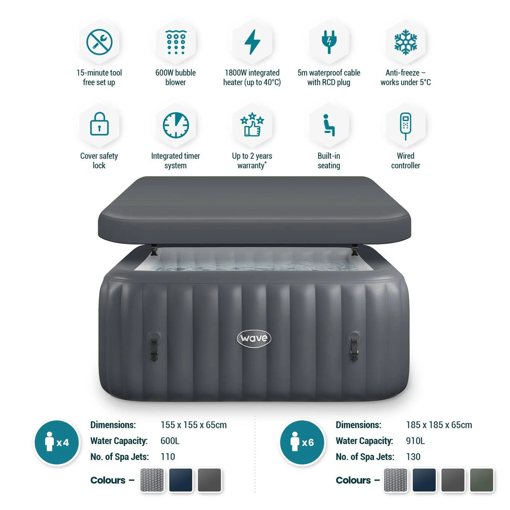 Wave Pacific | 6-Person Inflatable Hot Tub | EnergySave Bundle | Dark Gray