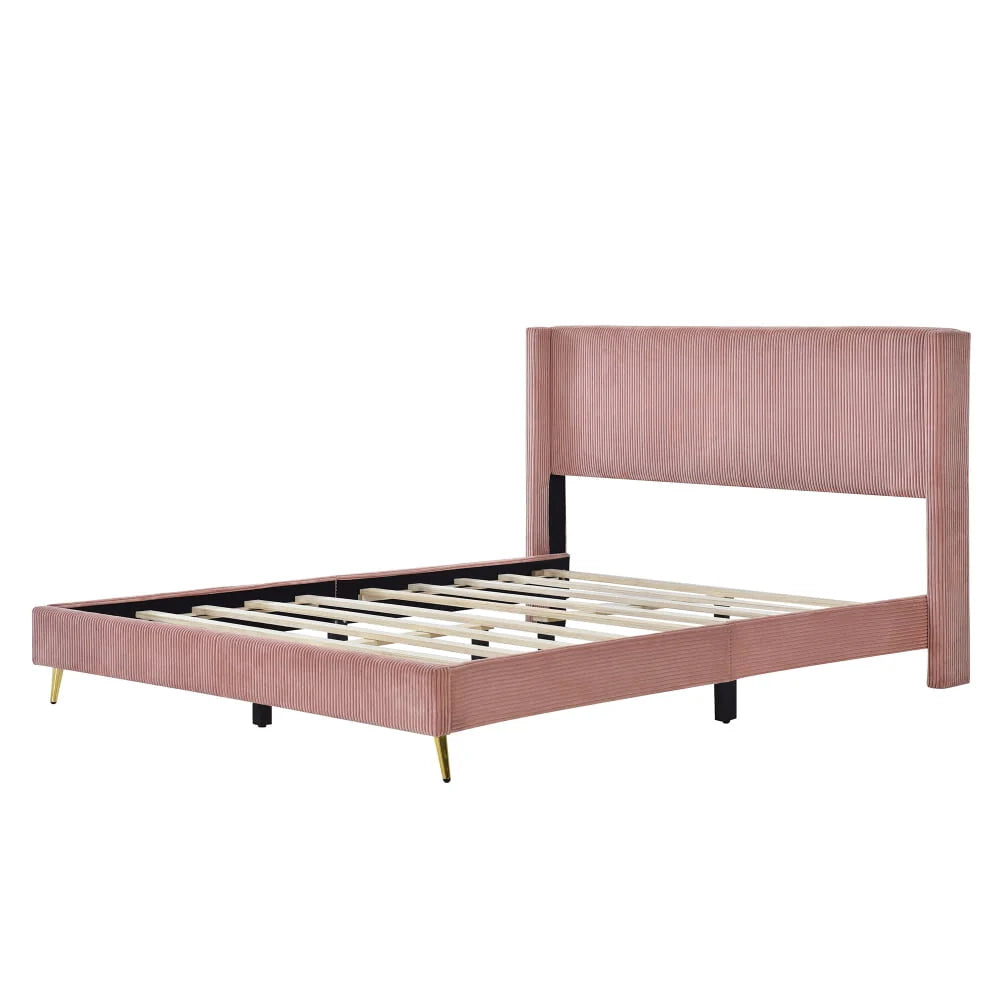 Queen Size Corduroy Platform Bed with Wingback Headboard,Wood Corduroy Platform Bed with Metal Legs and Slats Support,Upholstered Bed Frame for Kids Adult Bedroom,No Box Spring Needed,Pink