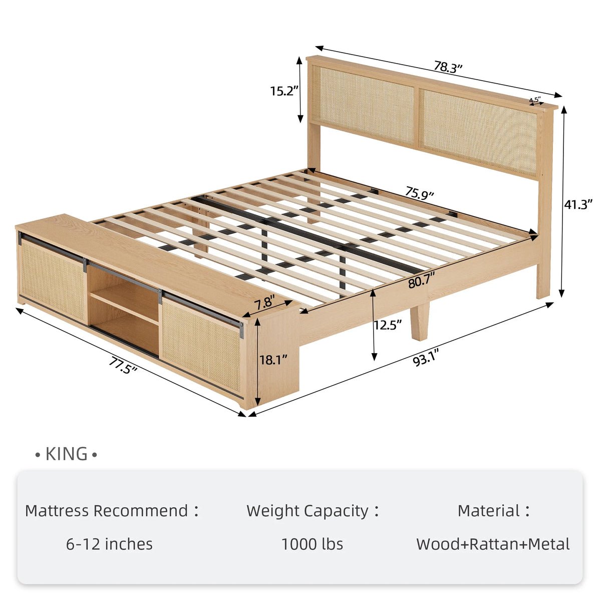 Natural Rattan Bed Frame with Sliding Barn Door Storage Cabinets and LED Light Headboard, Farmhouse Wood Platform Bed with Solid Wood Legs Support