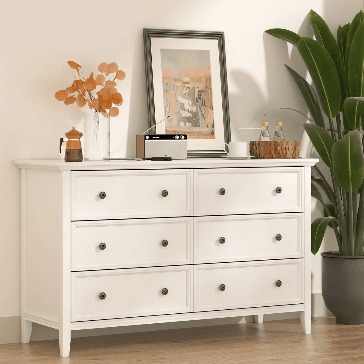 IKENO 6 Drawers White Dresser, Modern Solid Wood Chest of Drawers, White Dresser for Bedroom Room