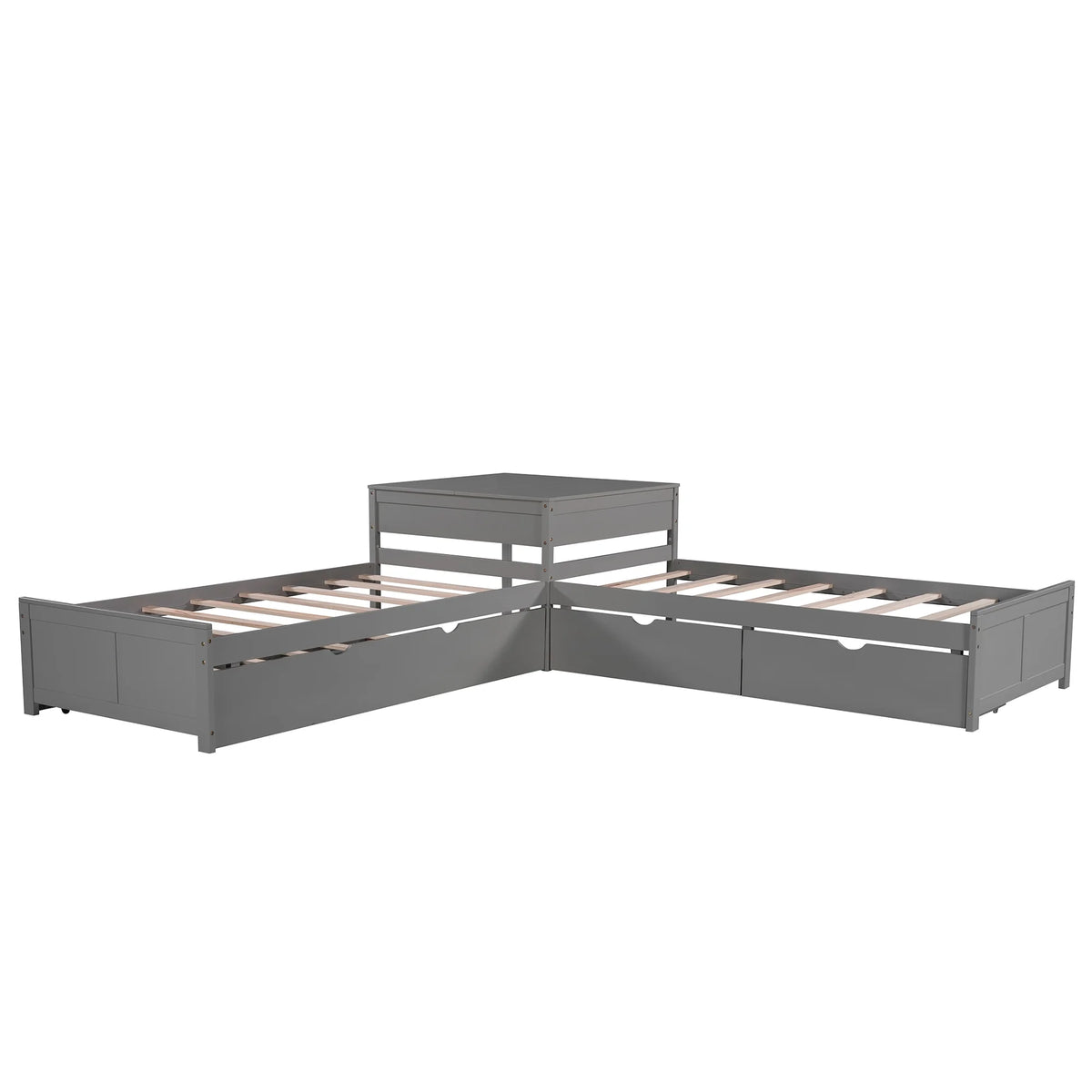 Euroco Wood Twin Size L-Shaped Platform Bed with Square Storage Table for Kids Teens, 2 Platform Beds with Trundle and Drawers for Living Room, 3 Twin Beds, Gray