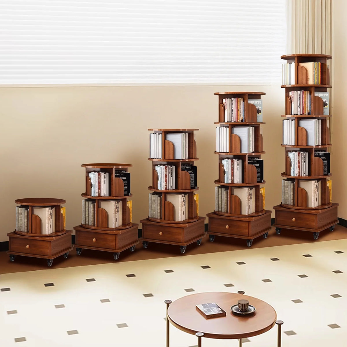 Qiushi 6-Tier Round Rotating Bookshelf with Storage Drawer, 360 Spinning Corner Bookshelf Tower for Small Space, Bookcase Storage Rack with Wheels, Wood Narrow Organizer for Bedroom, Living Room