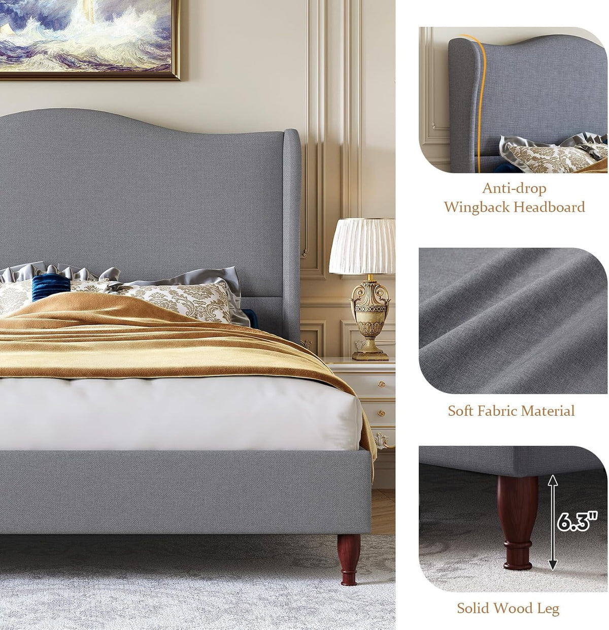 Neche Queen Upholstered Bed Frame with 51" Tall Headboard Classic Curved Wingback Platform Bed with Soft Fabric, Retro Simple Sleigh Bedframe No Box Spring Needed/Easy Assembly, White