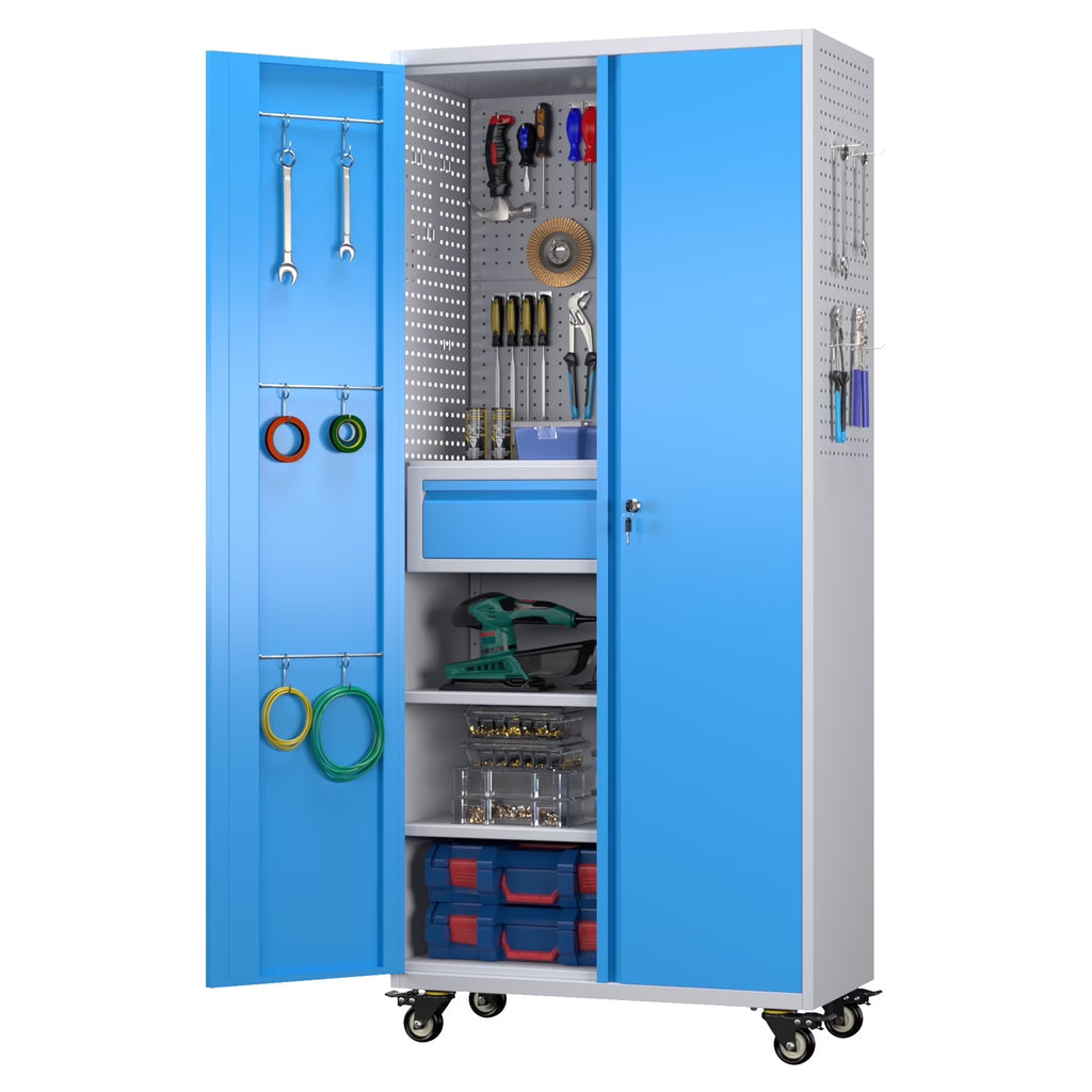 SUPEER 71" Metal Storage Cabinets with Wheels and Pegboards, Industrial Cabinet with 2 Drawers and 2 Adjustable Shelves,, Assembly Required