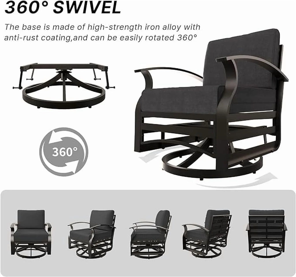 ALAULM 3 Piece Patio Outdoor Aluminum Metal Swivel Rocking Chair with 1 Coffee Table and 2 Khaki Padded Cushions Outdoor Metal Swivel Rocking Chair Furniture Conversation Set for Porch Garden