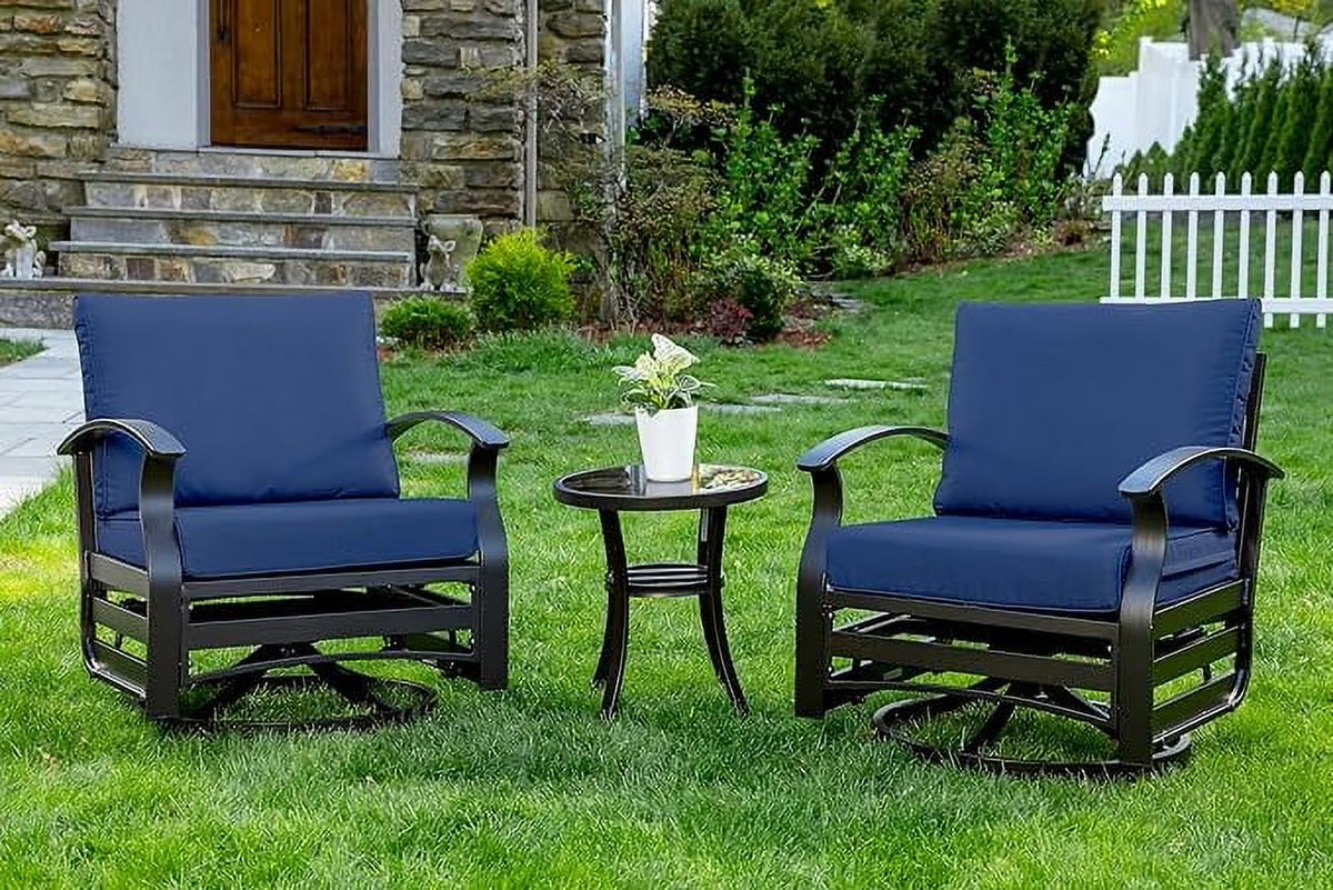 ALAULM 3 Piece Patio Outdoor Aluminum Metal Swivel Rocking Chair with 1 Coffee Table and 2 Khaki Padded Cushions Outdoor Metal Swivel Rocking Chair Furniture Conversation Set for Porch Garden
