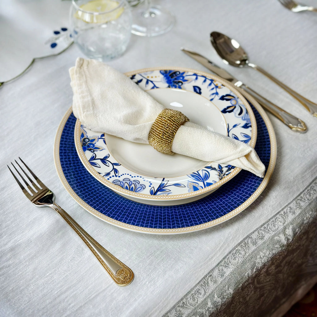 STP GOODS Melodie de Fleurs Bone China Dinnerware Set of 24 Service for 6 24-Piece Dish Set of Plates and Bowls, Blue Gold White