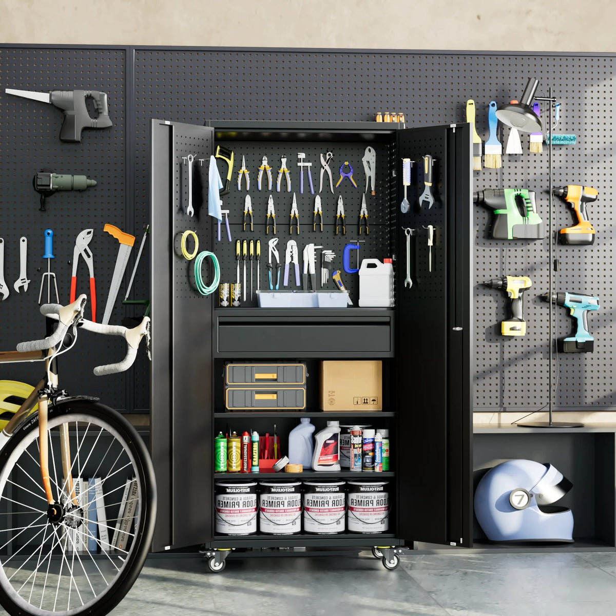 SUPEER 71" Metal Storage Cabinets with Wheels and Pegboards, Industrial Cabinet with 2 Drawers and 2 Adjustable Shelves,, Assembly Required