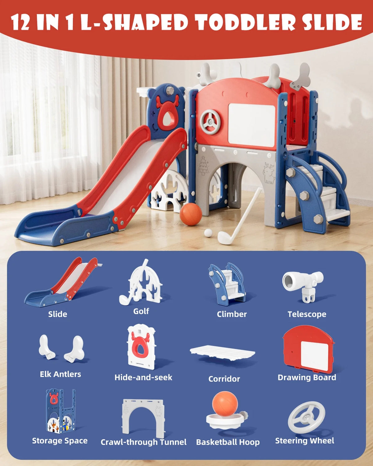 Korimefa 11-in-1 Toddler Slide Set with Golf, Basketball Hoop, Kids Slide for Toddlers Age 1-4, Climber Slip and Slides, Baby Outdoor Toys