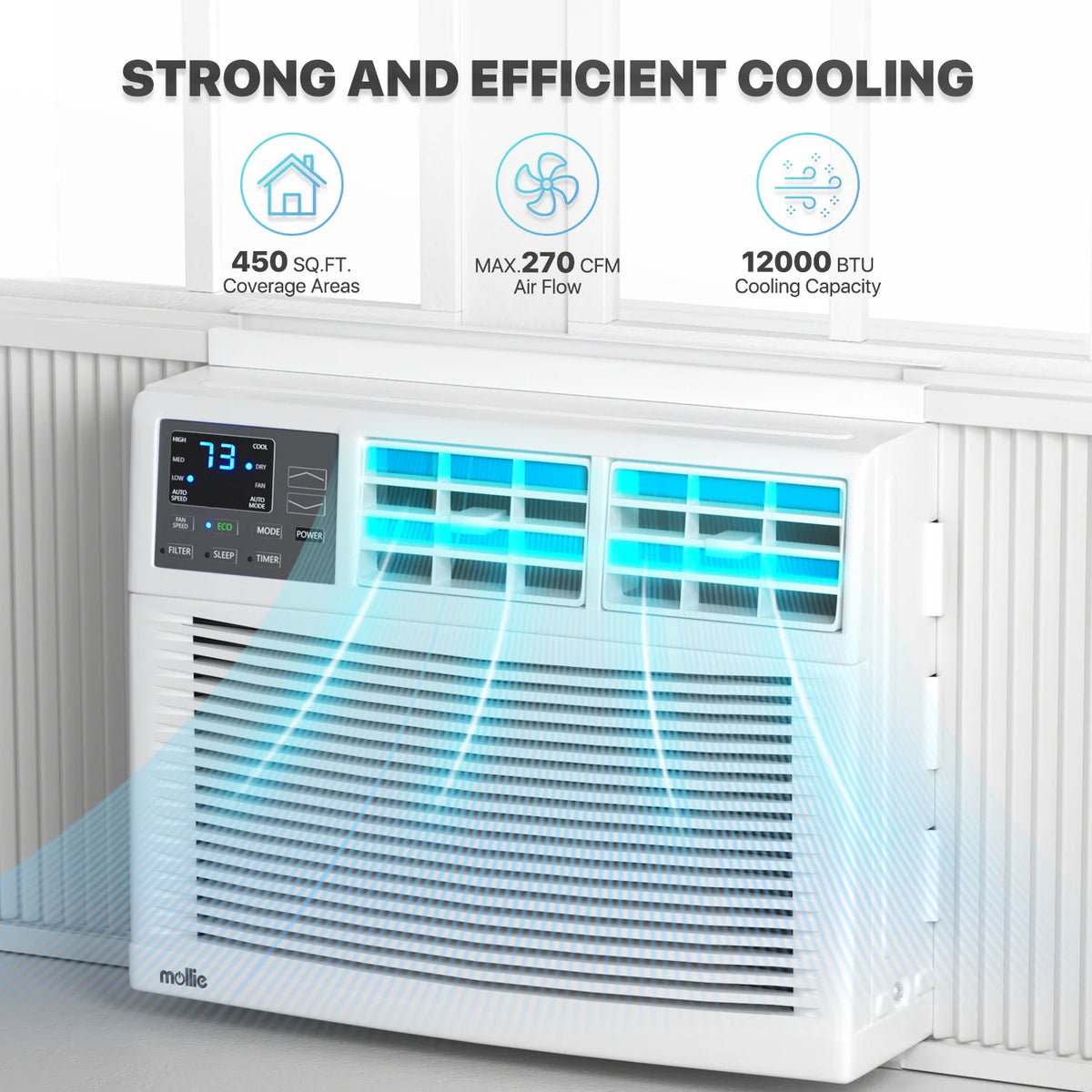 mollie 12,000 BTU 115V Window Air Conditioner, Cools Rooms up to 450 Sq.Ft., Window AC Unit with Remote Control, 24H-Timer and 3 Fan Speeds, White