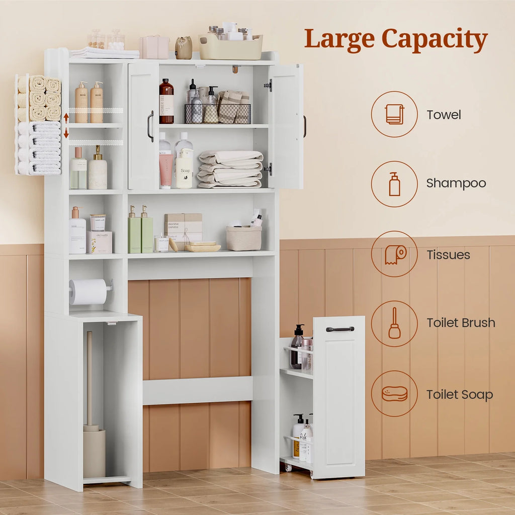 Frhnenha Over The Toilet Storage Cabinet with Pulley, Bathroom Storage Cabinet, with Adjustable Shelf and Open Shelf for Bathroom, Restroom, Laundry, White