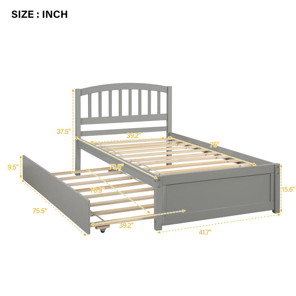 Aukfa Twin Platform Bed with Trundle - Trundle Bed with Headboard for Kids Teens - White