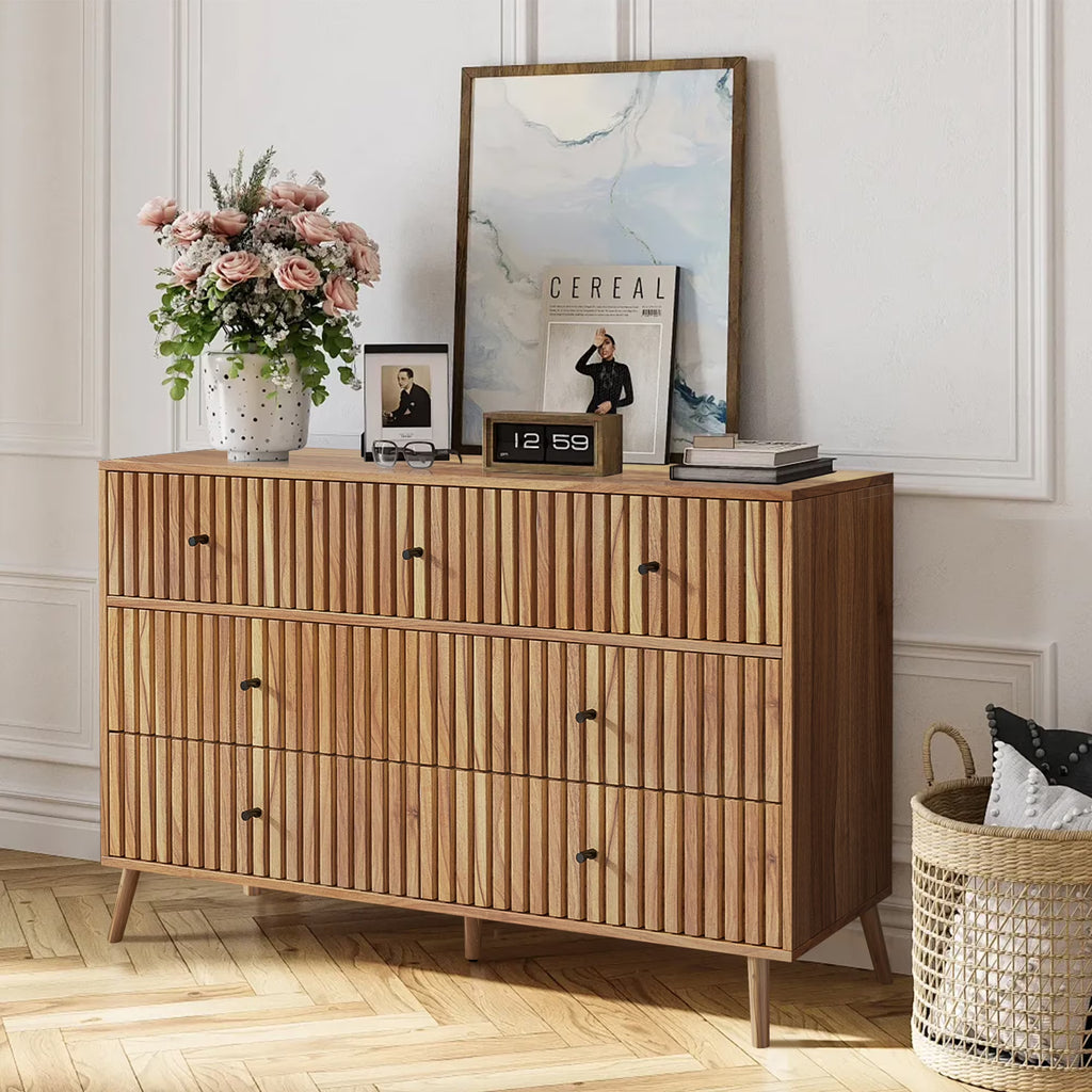 Oubayajia 7 Drawer Double Dresser, Fluted Chest of Drawers, Wood Storage Cabinet for Bedroom, Living Room, Hallway, Walnut