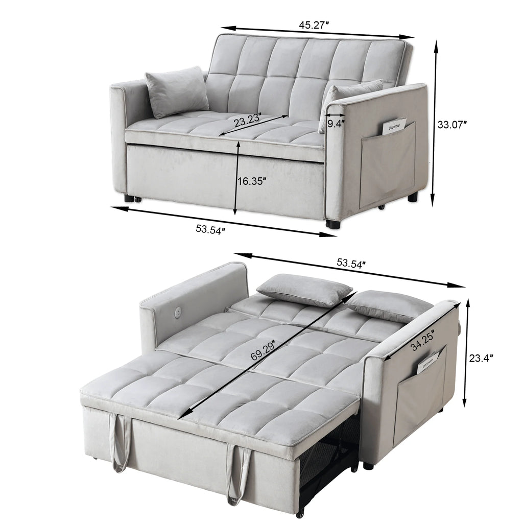 Velvet 3-in-1 Convertible Sofa Bed �C USB Charging, Adjustable Backrest Pull-Out Couch Loveseat Sleeper for Living Room, Apartment & Small Space,Black