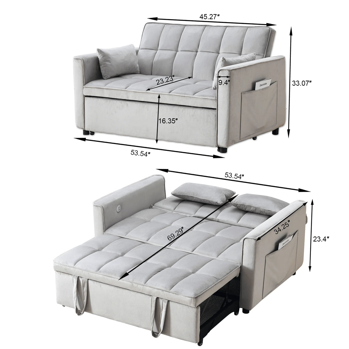 BINBANK Black Velvet 3-in-1 Convertible Sleeper Sofa Bed a?? USB Charging, Adjustable Backrest Pull-Out Futon Loveseat Couch for Living Room, Apartment & Small Space