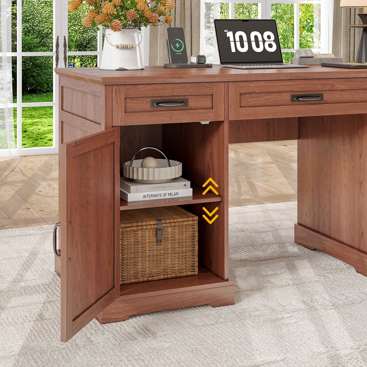 Whalefall 55 in Farmhouse Executive Desk with File Drawer for Adult Home Office, White