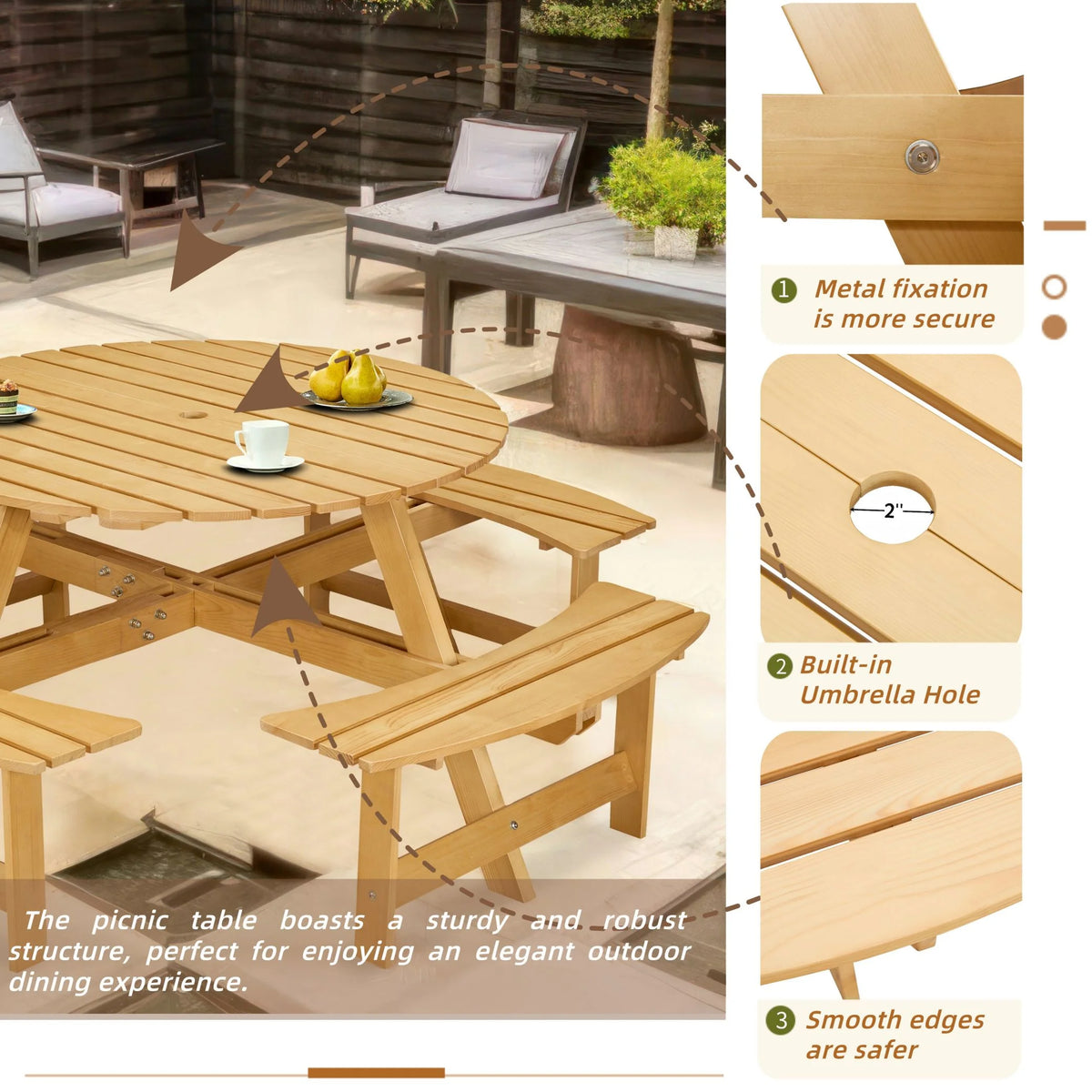 8 Person Wood Picnic Table, Outdoor Round Picnic Table with 4 Built-in Benches, Umbrella Hole, Outside Table and Bench Set for Patio, Backyard, 500lbs Capacity Per Bench
