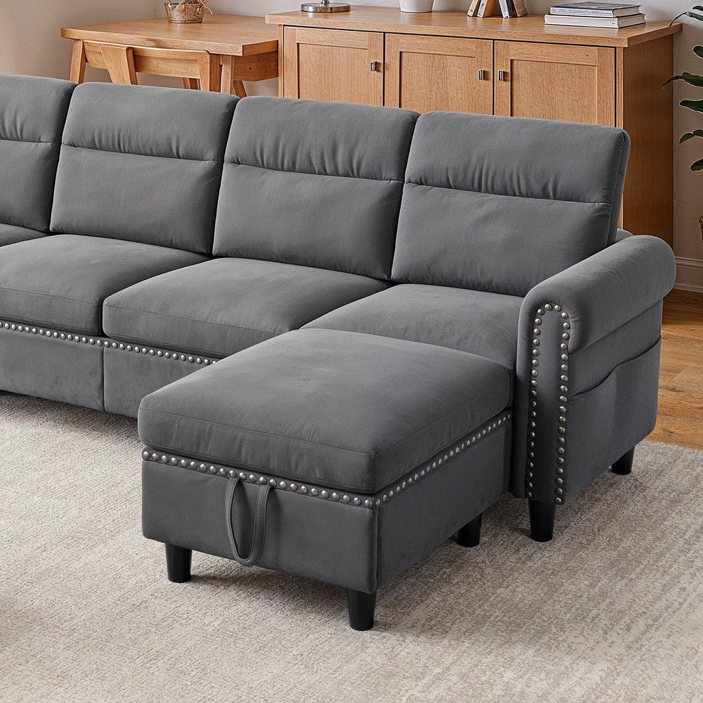 106" Modular Sectional Sofa Bed with Storage Ottoman, Lofka Modern Comfy Couches and Sofas with Side Pockets for Small Spaces, Living Room Furniture in Dark Gray