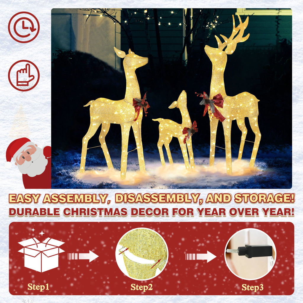 VEIKOUS Christmas Lighted Deer Family Set Outdoor Decor w/ 200 Warm Lights Reindeer Christmas Decor, Ground Stakes and Zip Ties, Gold