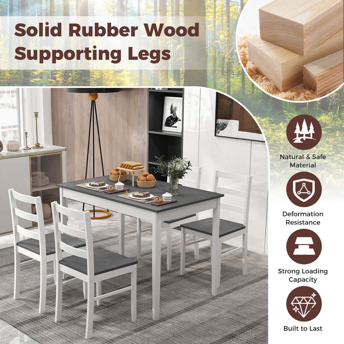 Costway 5-Piece Dining Set Solid Wood Kitchen Furniture with Rectangular Table & 4 Chairs