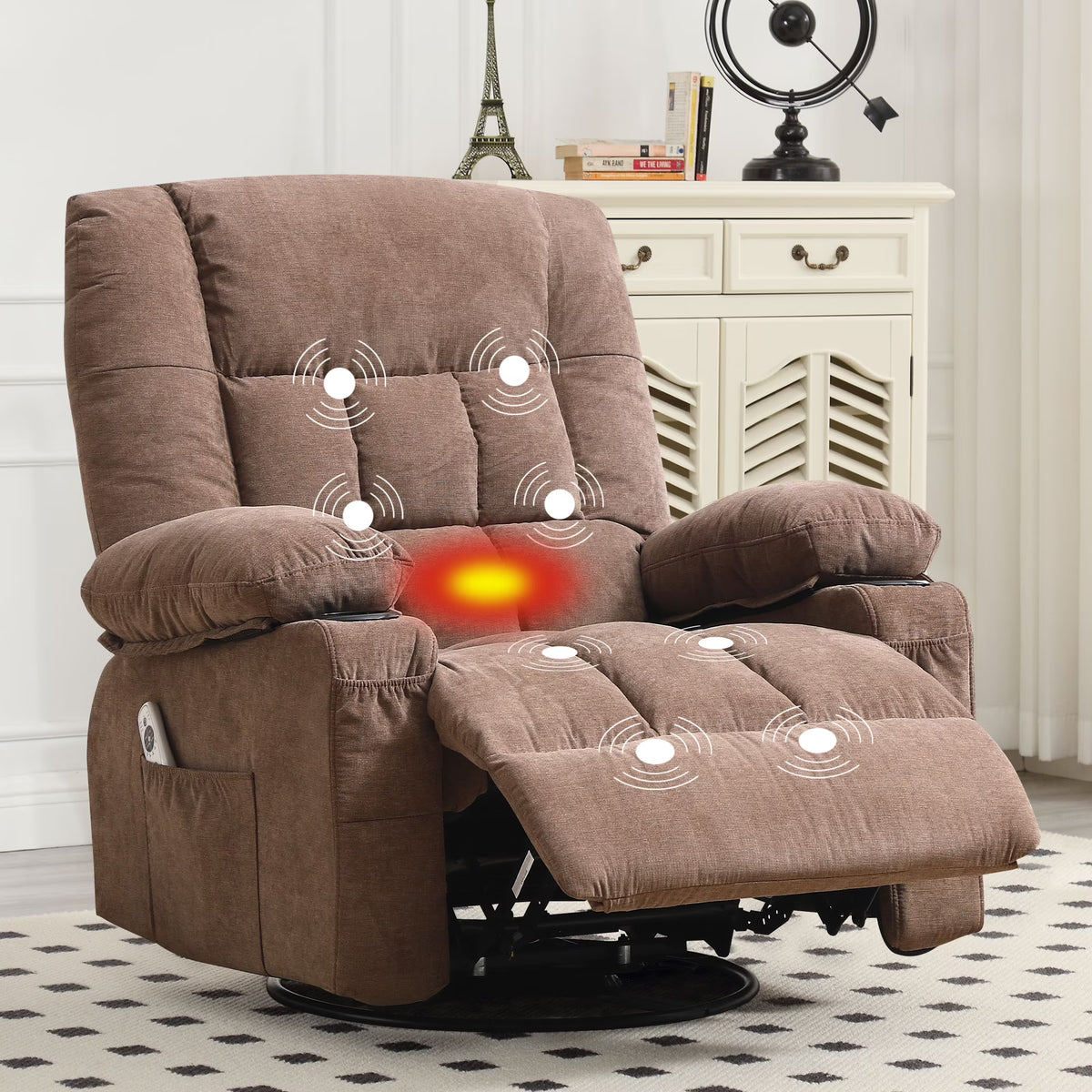 JONPONY Manual Recliner Chair with Heat Therapy and Massage Function, Heavy Duty Reclining Mechanism Massage Chair, Elderly Single Rocker Sofa with Cup Holders for Bedroom Home Theater,Blue