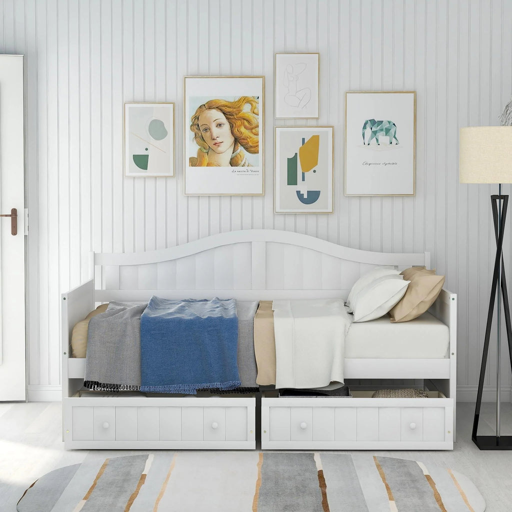 Twin Daybed with 2 Storage Drawers, Indoor Outdoor Sofa Day Bed Frame for Bedroom Living Room, White 78.2x42.3x35.4inch