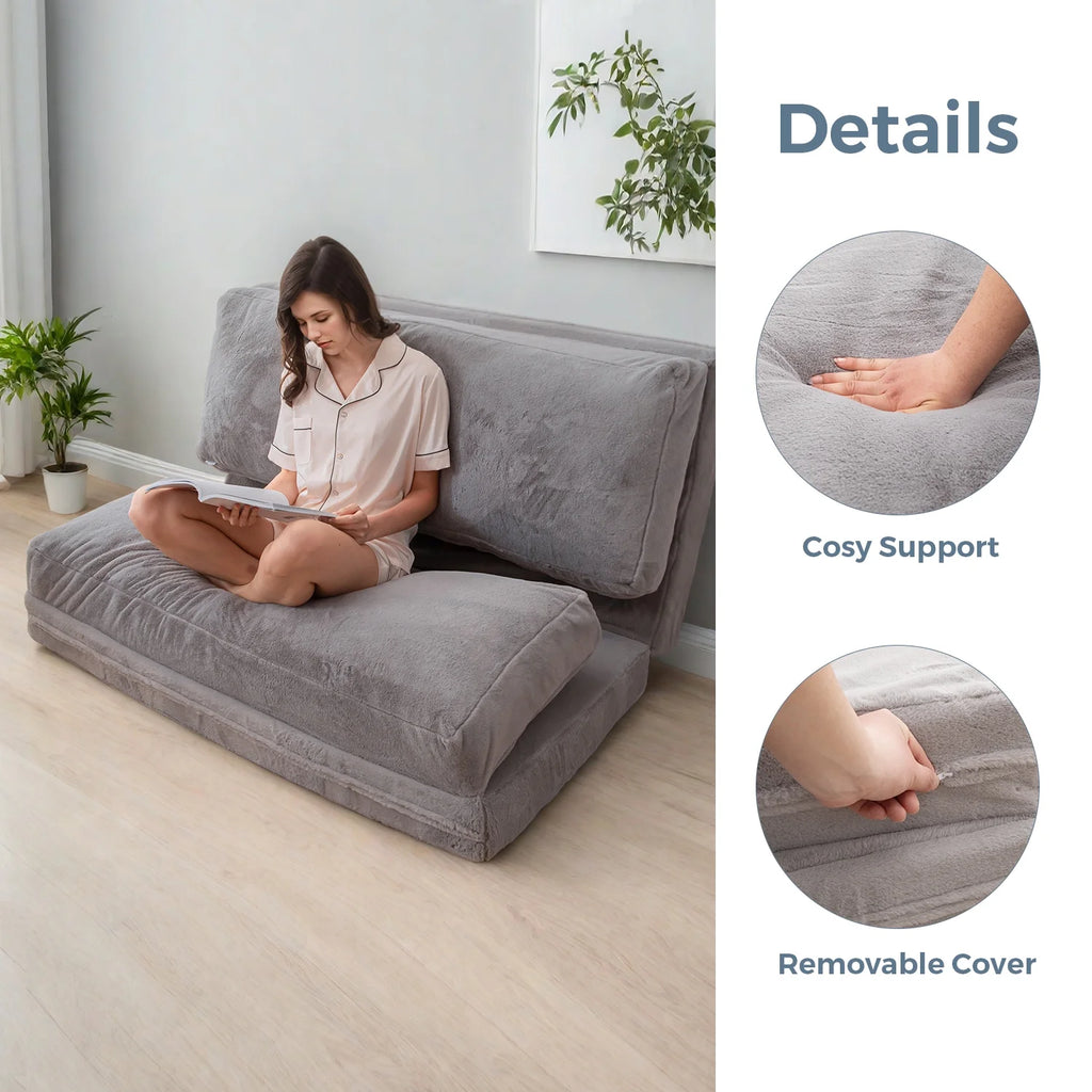 Folding Sofa Bed,Extra Thick and Long Fluffy 4 Position Convertible Flip Lounge Chair,Foam Filling Folding Matress Sofa Bean Bag with Washable Cover,Grey,39x95 Inch