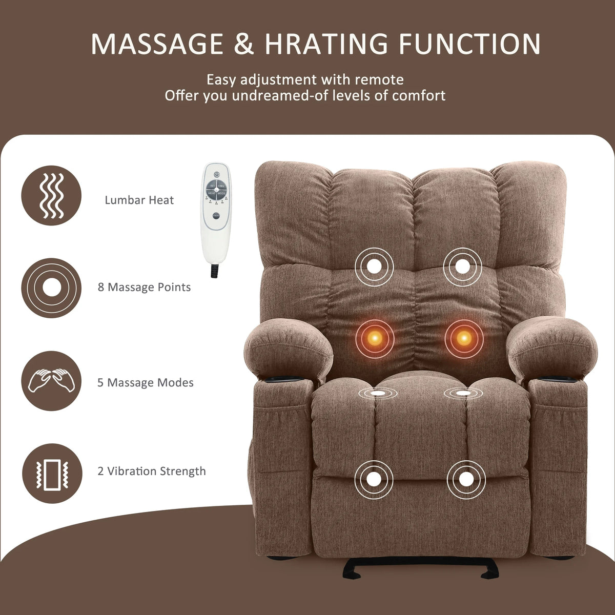JONPONY Manual Recliner Chair with Heat Therapy and Massage Function, Heavy Duty Reclining Mechanism Massage Chair, Elderly Single Rocker Sofa with Cup Holders for Bedroom Home Theater,Grey