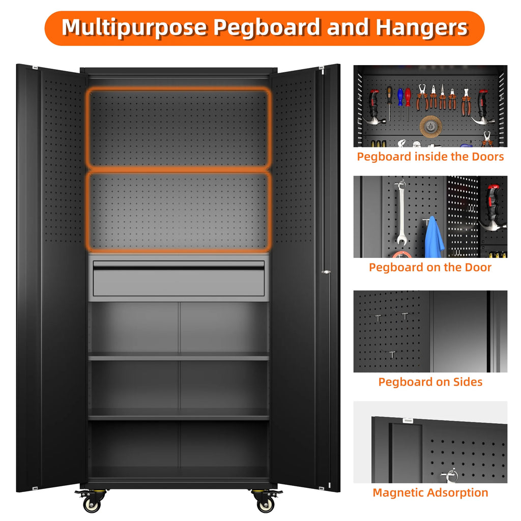 Aobabo Metal Storage Cabinet with Lock,Garage Storage Cabinet with Wheels,72In Steel Storage Cabinet for Garage Home Storage, Black Required-Assembly