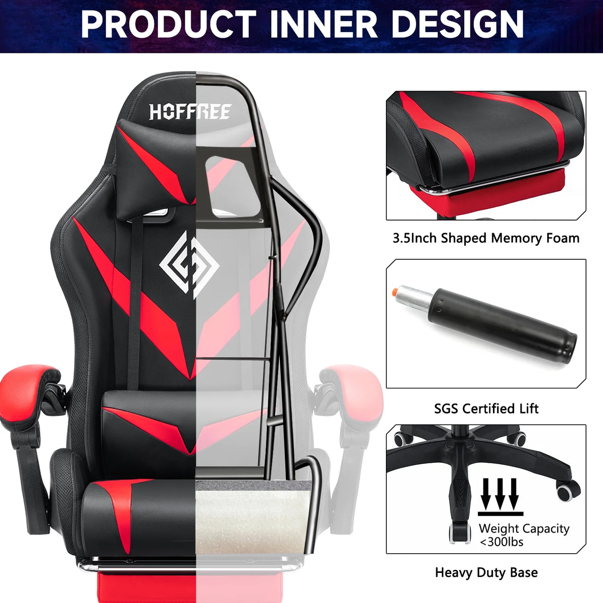 Hoffree Gaming Chair with Speakers PU Leather Office Chair with Footrest and LED Lights Ergonomic Gamer Chair with Massage Lumbar Support and Headrest Adjustable Swivel for Home Office 300lb
