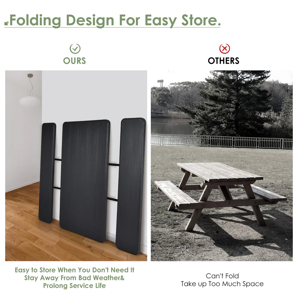 Costway Indoor & Outdoor Folding Picnic Table Bench Set w/ Wood-like Texture Grey