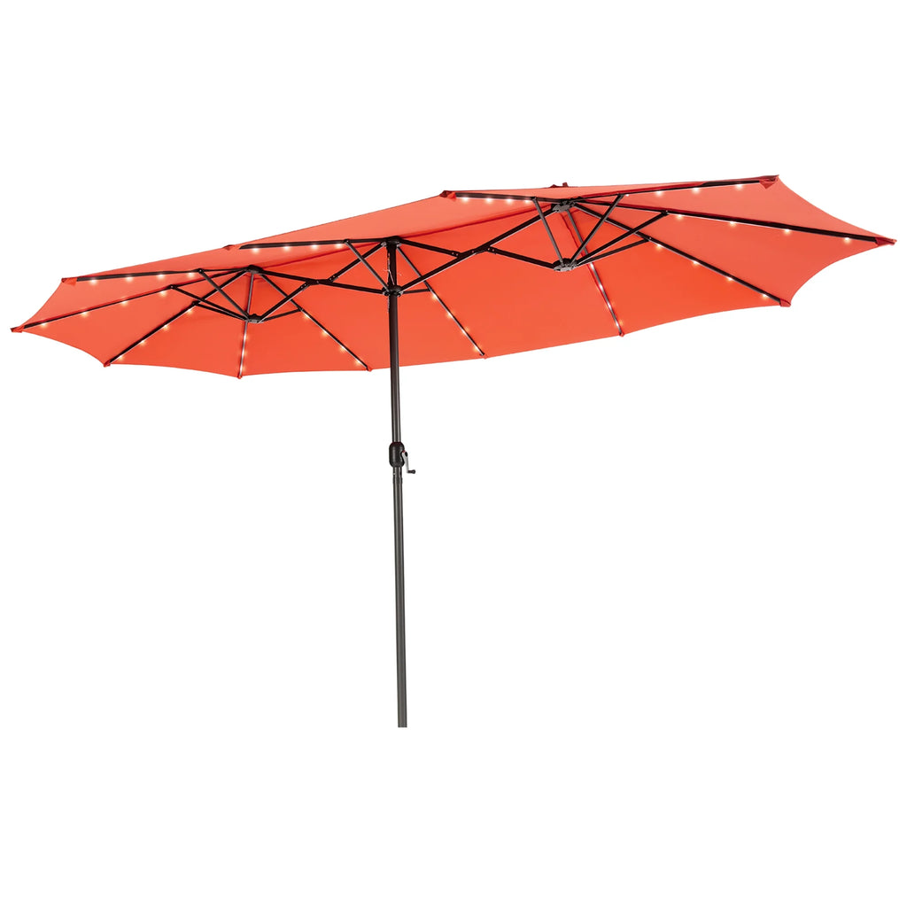 Costway 15FT Twin Patio Double-Sided Umbrella 48 Solar LED Lights Crank Outdoor Beige