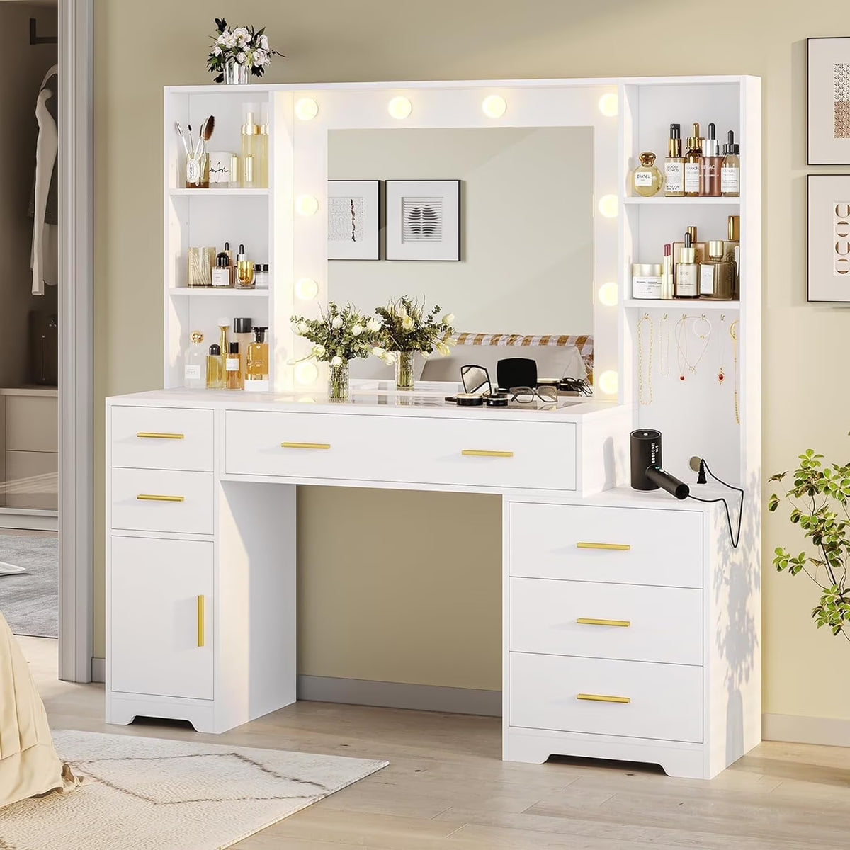 Makeup Vanity Desk with Lighted Mirror & Charging Stations & 6 Drawers Large Vanity Table Bedroom Dressing Table with Glass Tabletop&Side Cabinet&Glass Tabletop, Black
