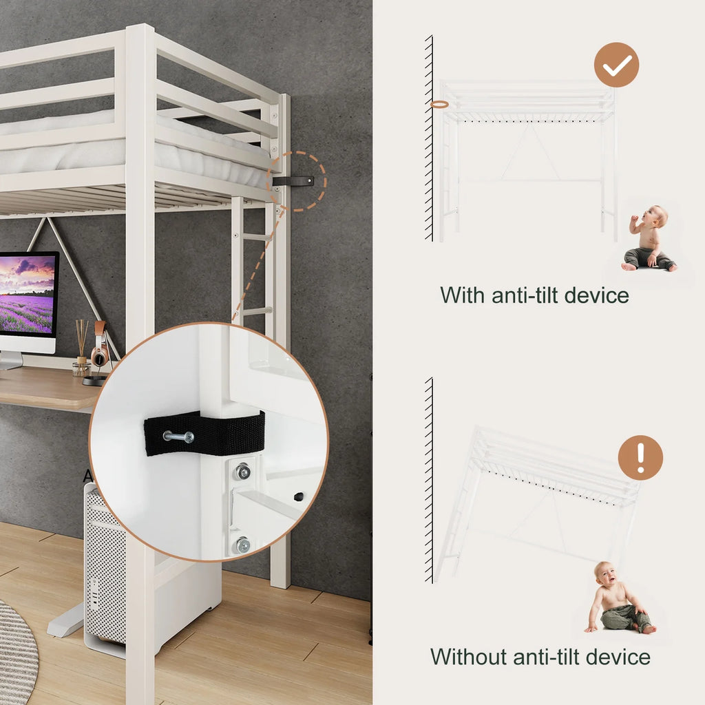 Amolife Twin Size Heavy Duty Metal Loft Bed with Removable Ladder & Full-Length Guardrail, Black