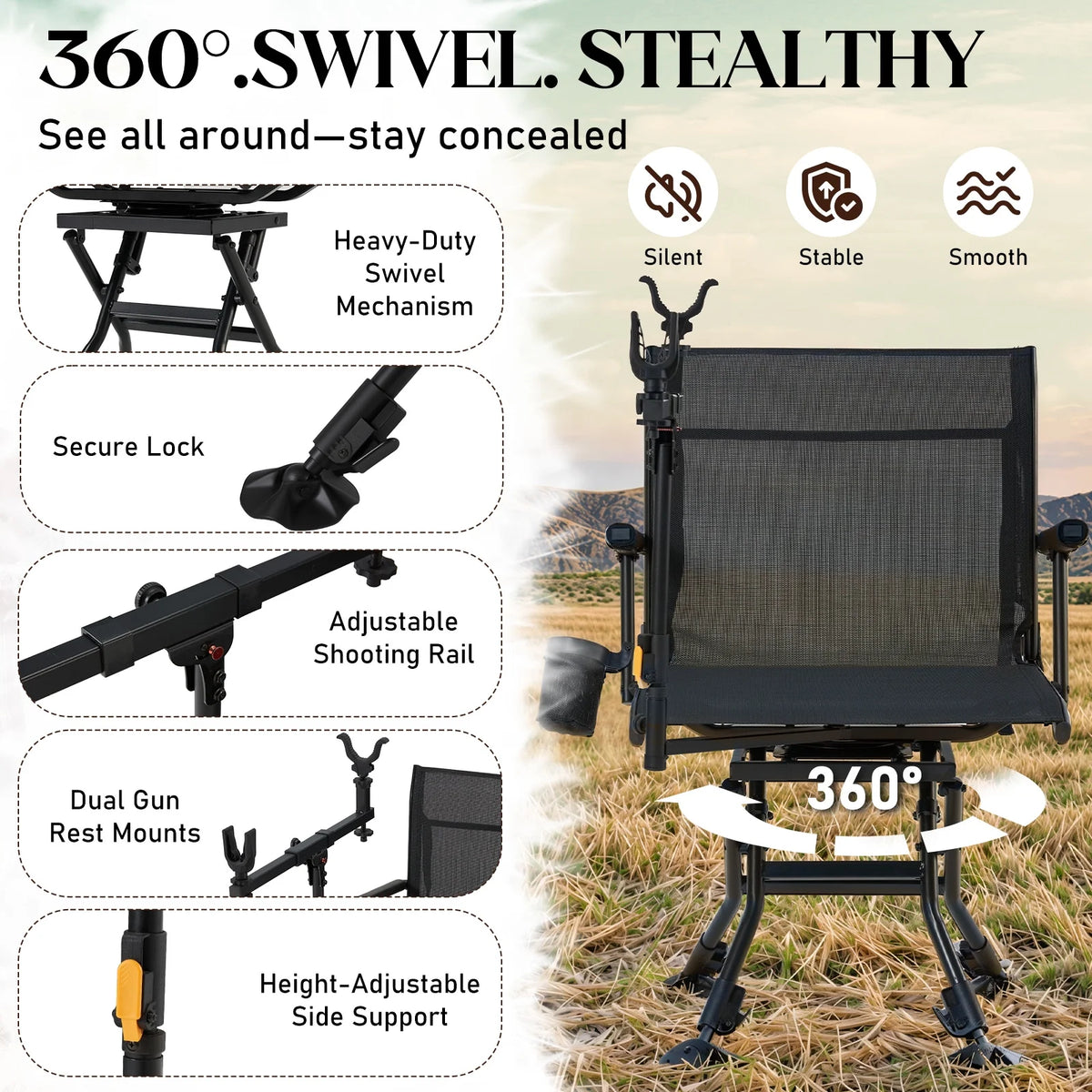 Danrelax 360�� Silent Camo Hunting Blind Chair, Armrests, Side Pouch, Telescopic Legs
