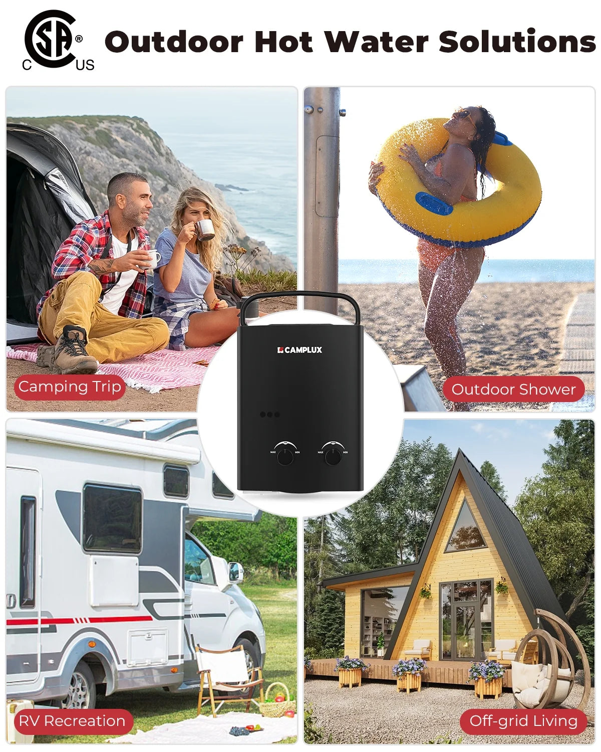CAMPLUX Portable 1.32 GPM 34,000 BTU Propane Tankless Water Heater for Outdoor