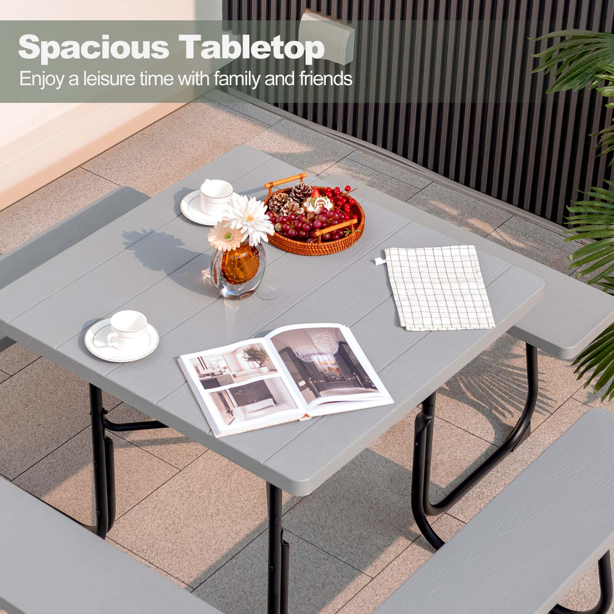 Costway Outdoor 8-person Square Picnic Table Bench Set with 4 Benches & Umbrella Hole White