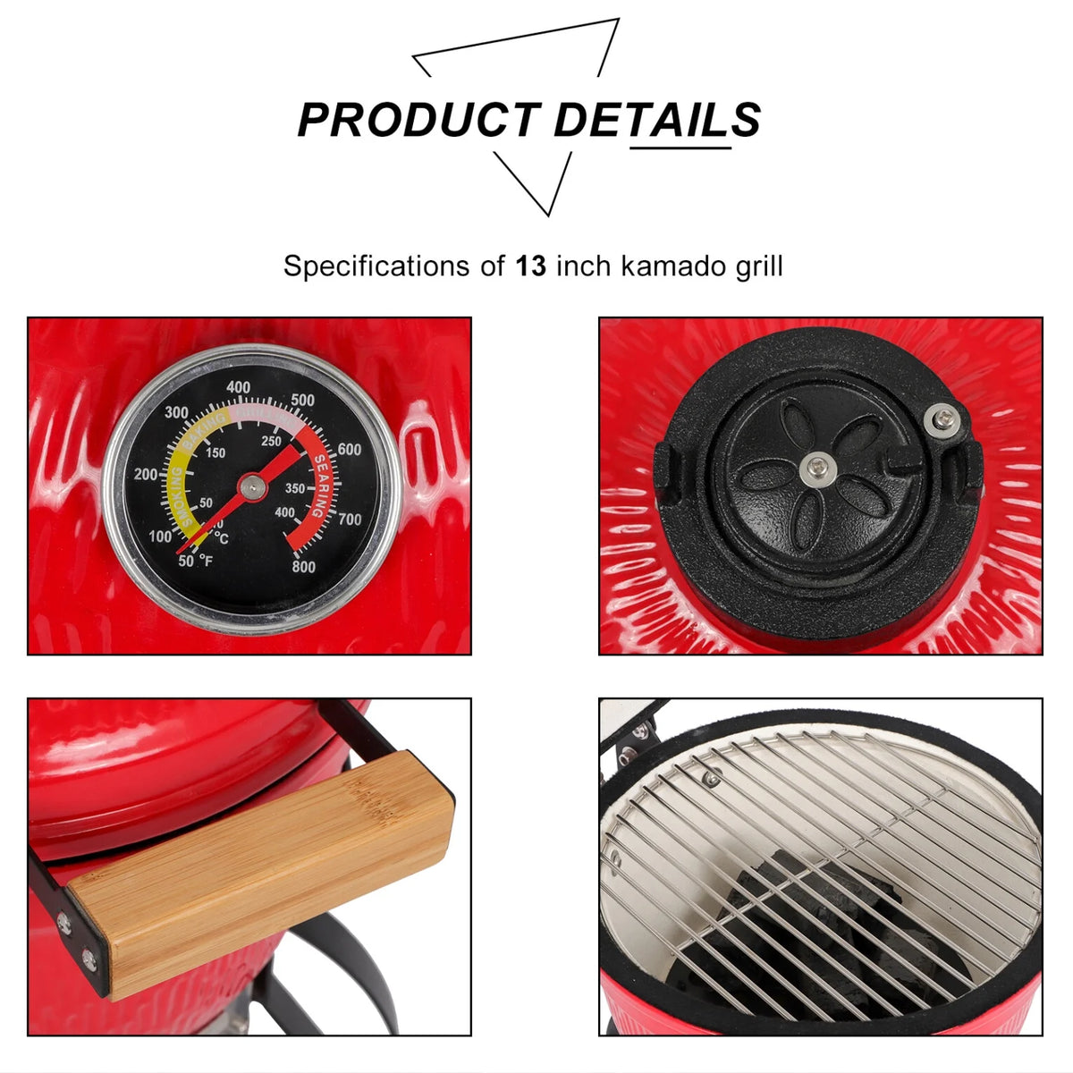 13in Ceramic Charcoal Kamado Grill with Heavy Duty Heat-Resistant Walls, 50-800��F Temp Control, for Backyard Grilling, Smoking, Baking, Orange