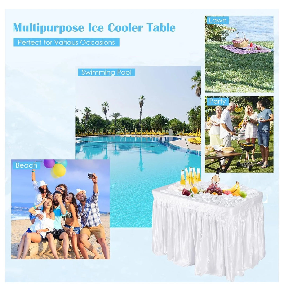 Folding Ice Cooler Table - Portable Beverage Cooler, Buffet Server with Skirt & Drain - Party, Picnic, BBQ, Camping - White 24 in x 47.5 in x 32.5 in