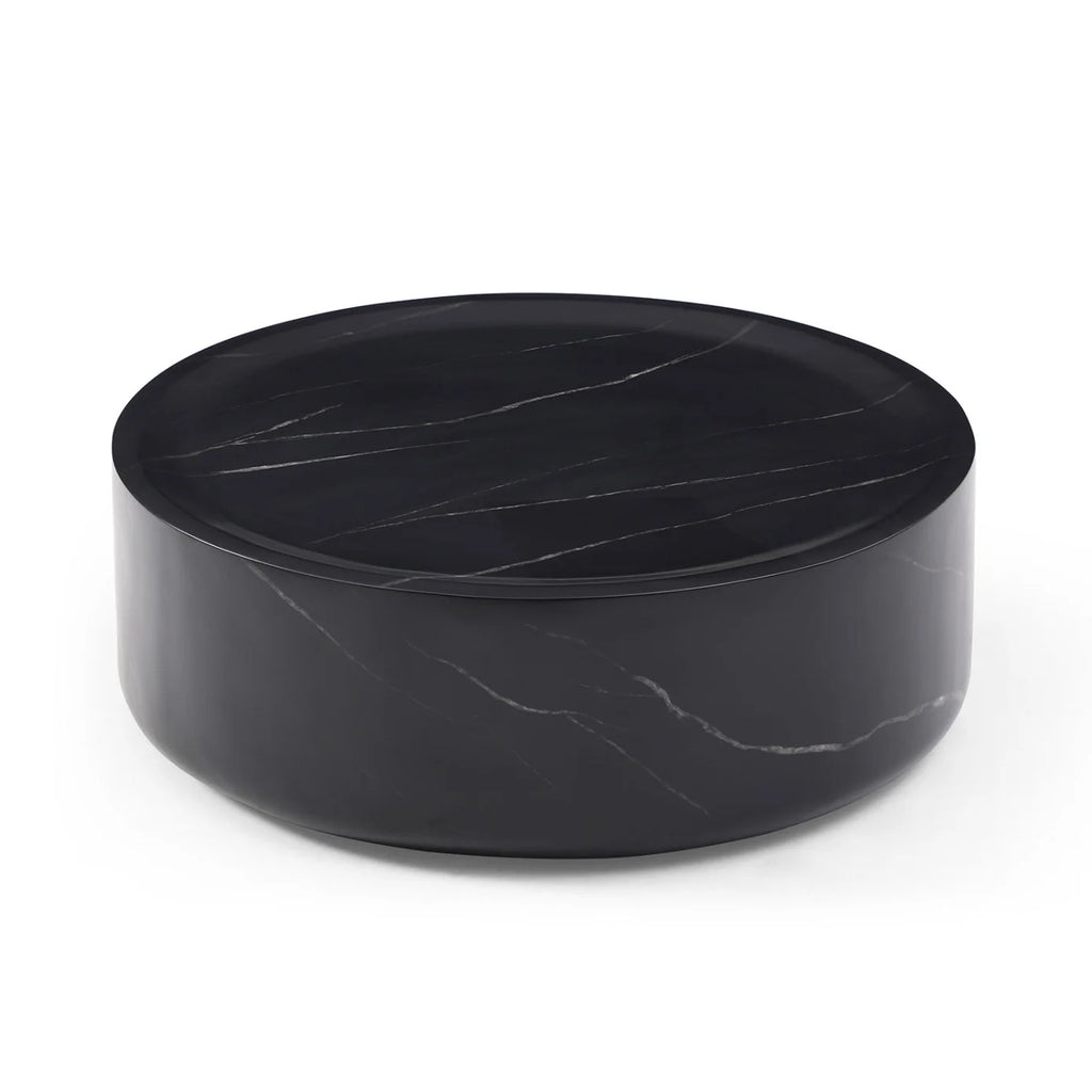 31.49'' Round Coffee Table with Marble Texture, Modern Low Drum Circle Fiberglass Coffee Table, Side Table Accent Table for Living Room, Outdoor, No Need Assembly, Marble