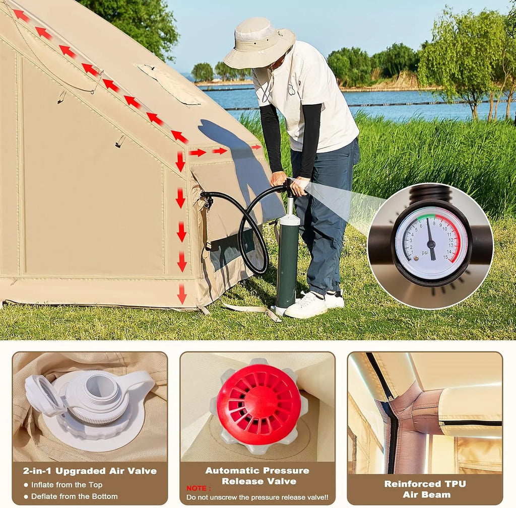 NAIZEA Inflatable Tents for Camping, Blow Up Tent with Hand Pump, Easy Setup Inflatable Hot Tent with Stove Jack, Waterproof Oxford Air Glamping Tents for Camping Adult 4-6 Person