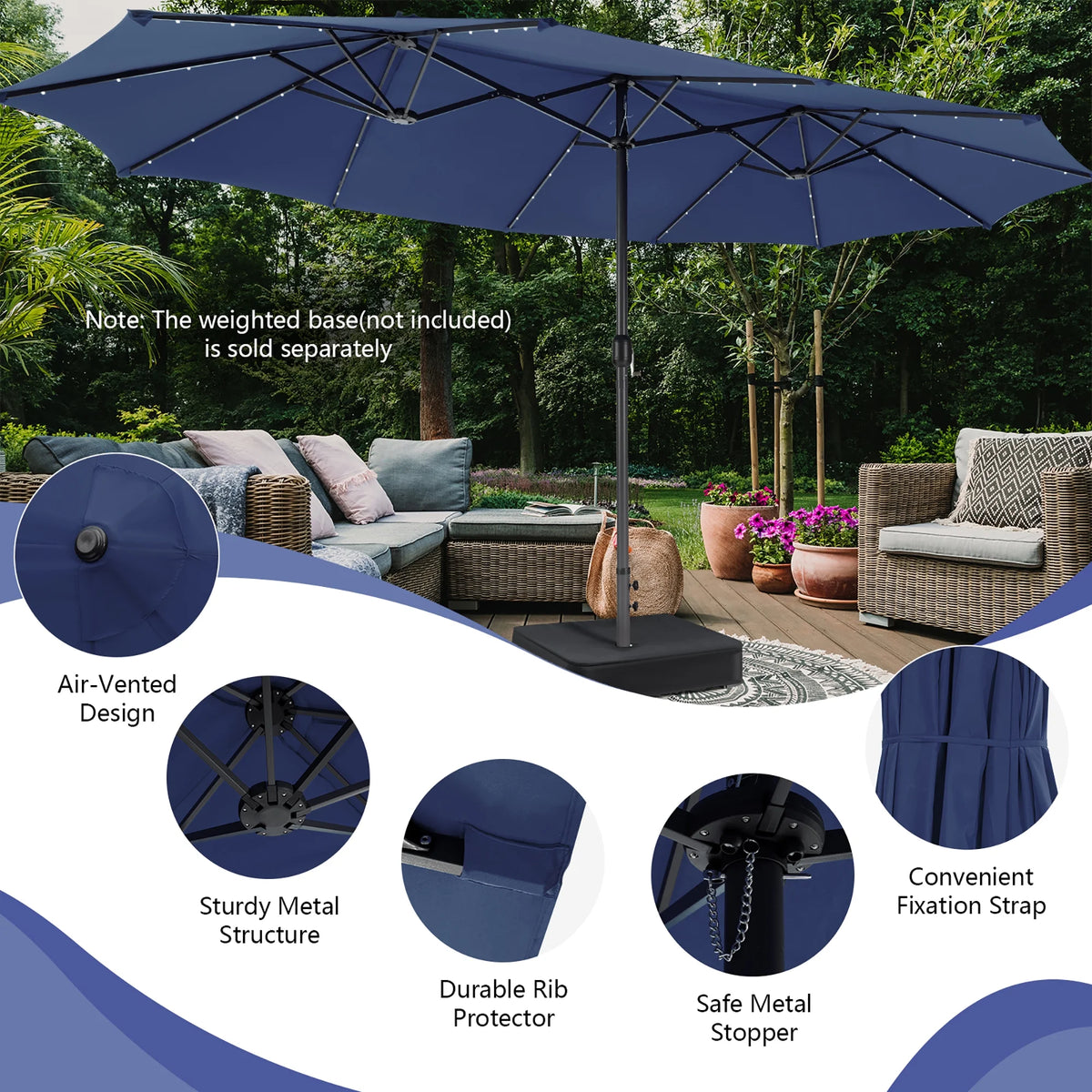 Costway 15FT Twin Patio Double-Sided Umbrella 48 Solar LED Lights Crank Outdoor Beige